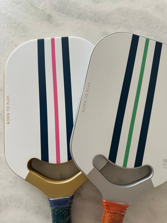 BOGO! BORN TO PLAY PICKLEBALL PADDLE—GREEN & PINK STRIPE