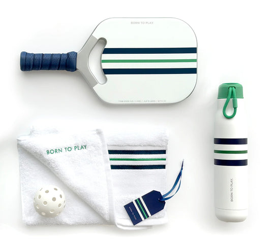 BORN TO PLAY—PICKLEBALL PADDLE GIFT SET—silver details, navy and green stripe