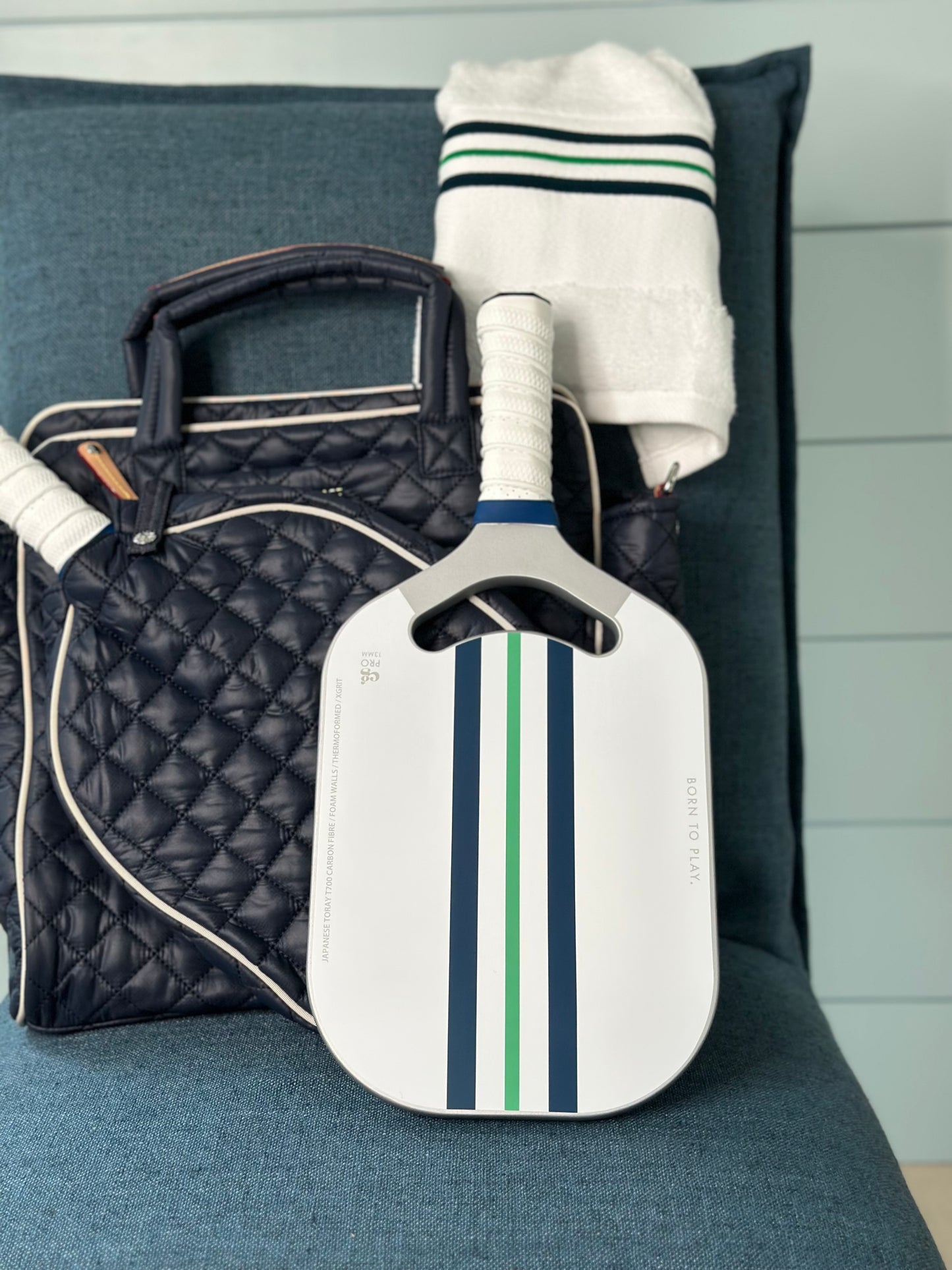 BORN TO PLAY—PICKLEBALL PADDLE GIFT SET—silver details, navy and green stripe