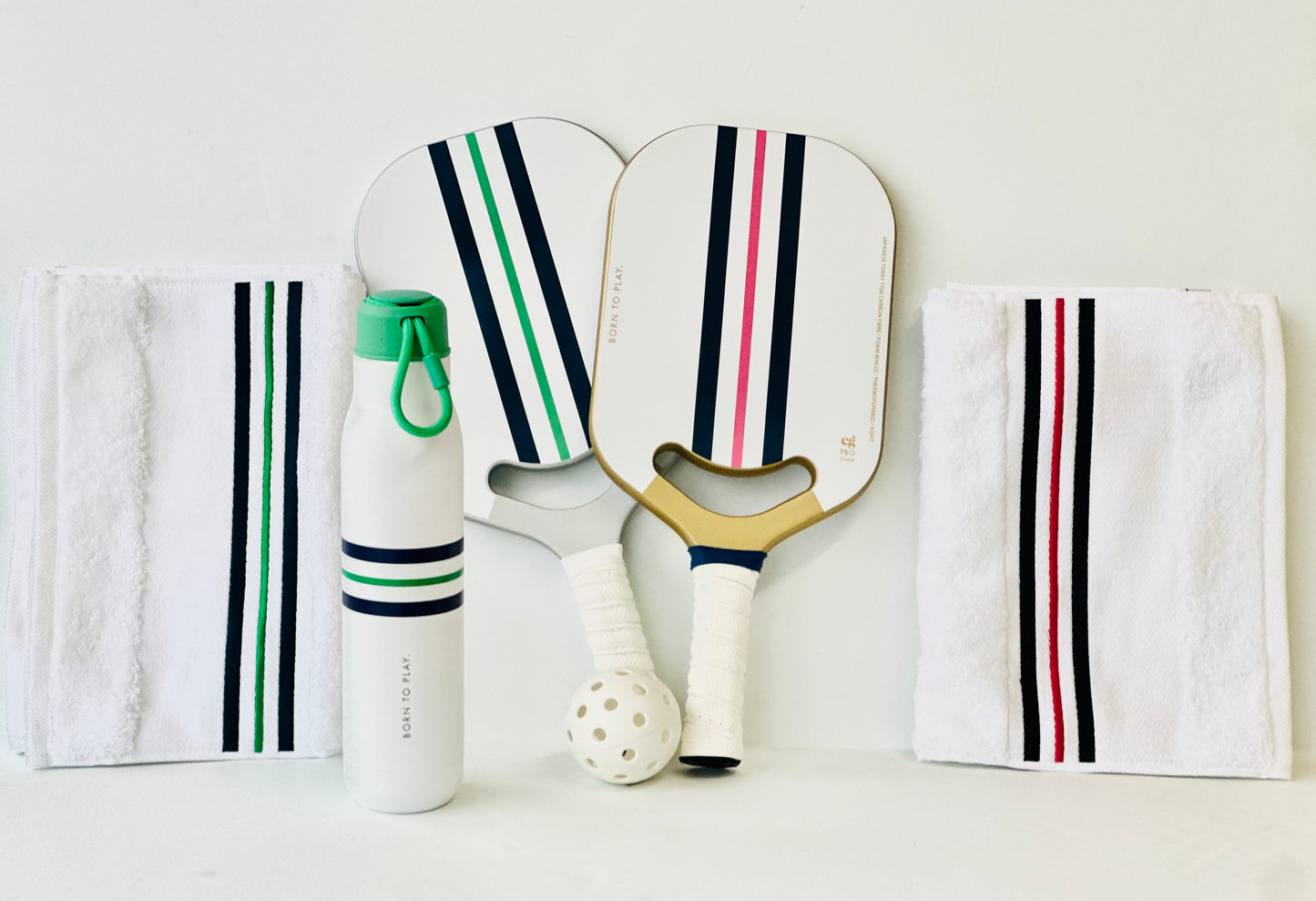 BORN TO PLAY—PICKLEBALL PADDLE GIFT SET—silver details, navy and green stripe
