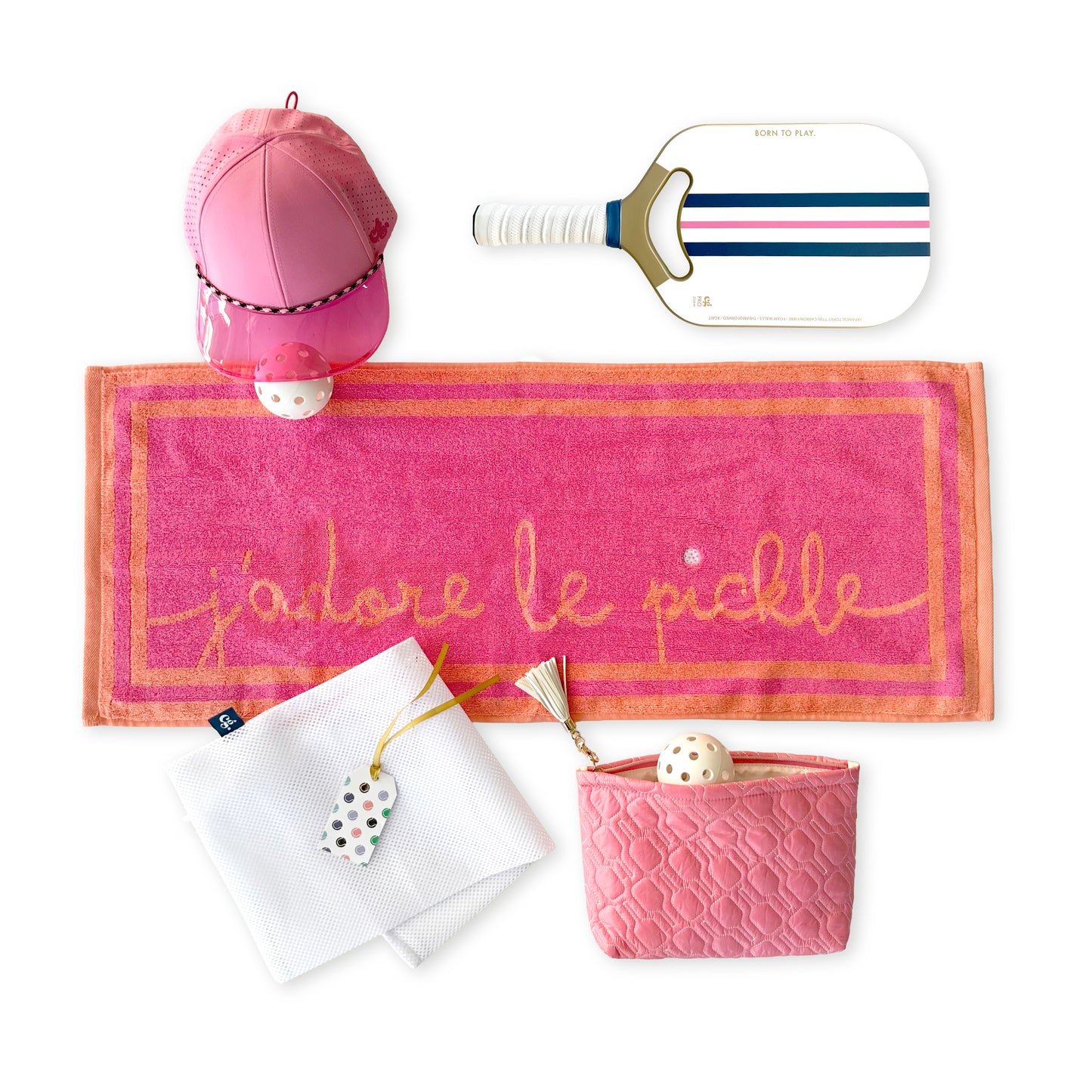 BORN TO PLAY—PICKLEBALL PADDLE GIFT SET—paddle, towel, balls, pouch, hat